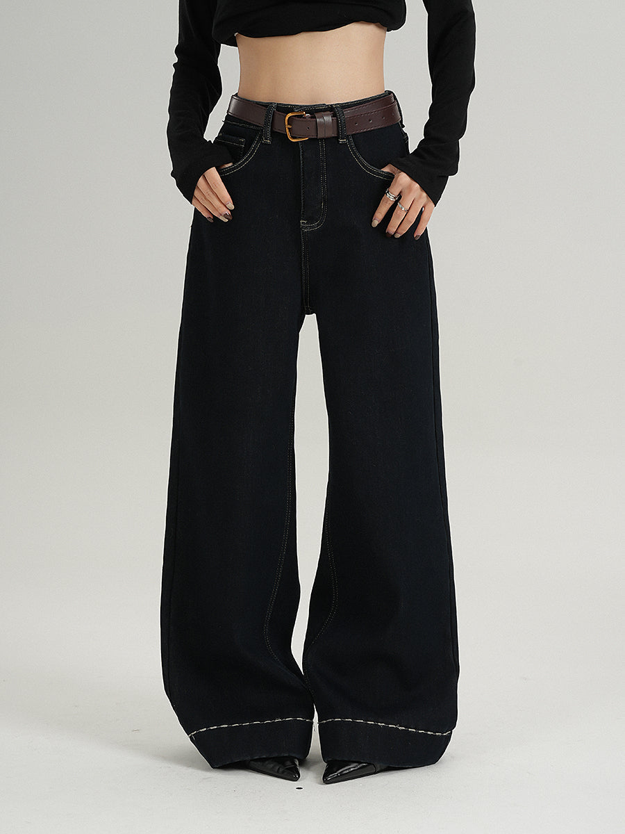 MEIKUL design sense of dark blue high-waisted padded wide-legged pants jeans pants fall and winter pants new female