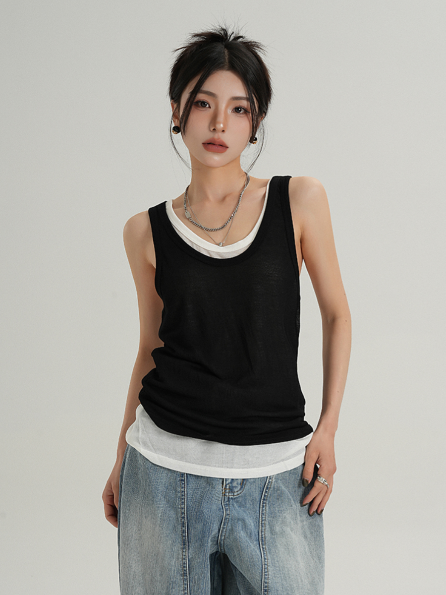 MEIKUL Niche design sense two-piece black and white layering versatile I-beam undershirt camisole summer new tops