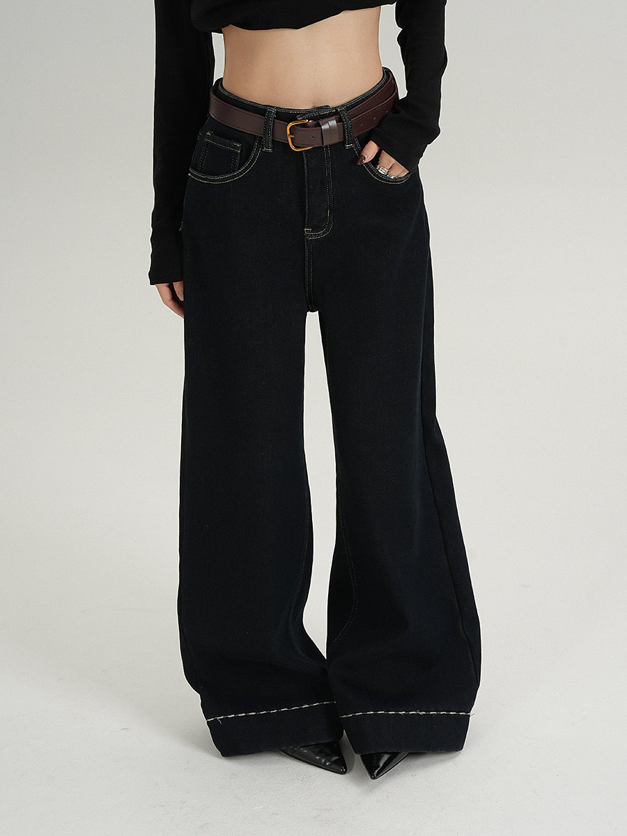 MEIKUL design sense of dark blue high-waisted padded wide-legged pants jeans pants fall and winter pants new female