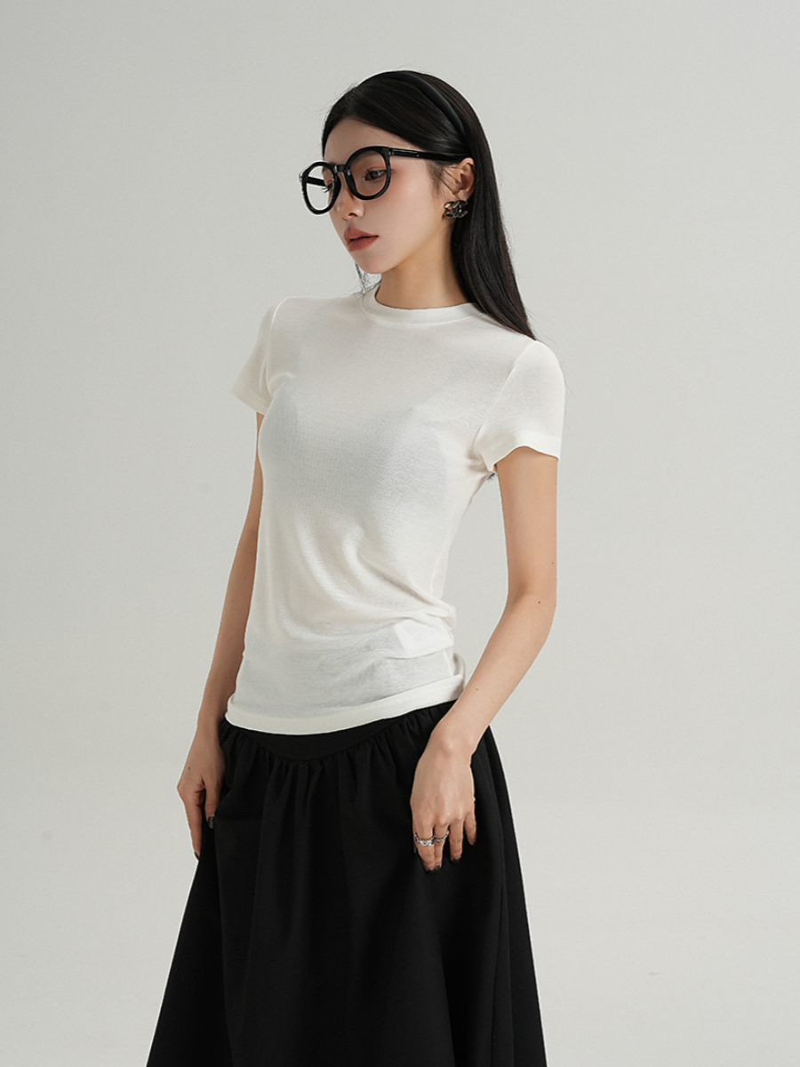 MEIKUL Temperament senior sense of comfort Tencel positive shoulder short-sleeved T-shirt female summer inner bottoming new tops