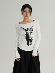 MEIKUL Strapless temperament one-line collar unique printed long-sleeved T-shirt women's inner bottoming shirt new tops