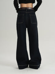 MEIKUL design sense of dark blue high-waisted padded wide-legged pants jeans pants fall and winter pants new female