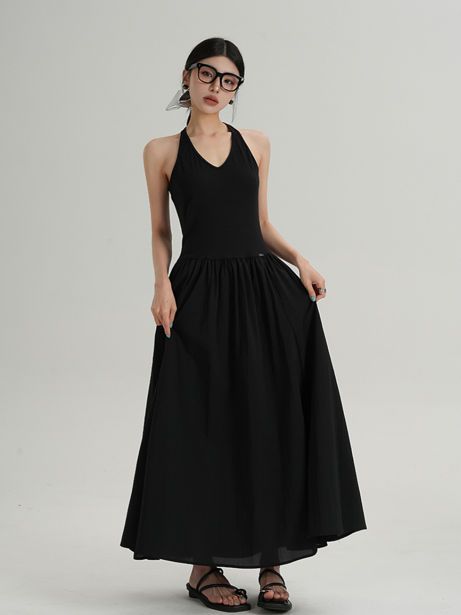 MEIKUL Temperament senior hanging neck design sense splicing halter dress thin dress women skirt black new