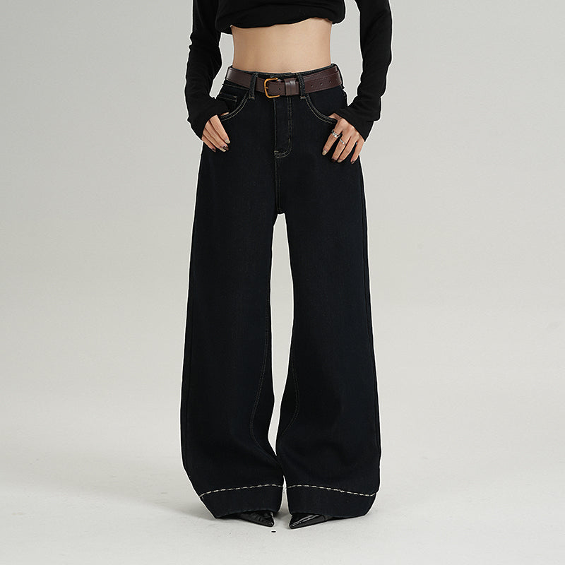 MEIKUL design sense of dark blue high-waisted padded wide-legged pants jeans pants fall and winter pants new female