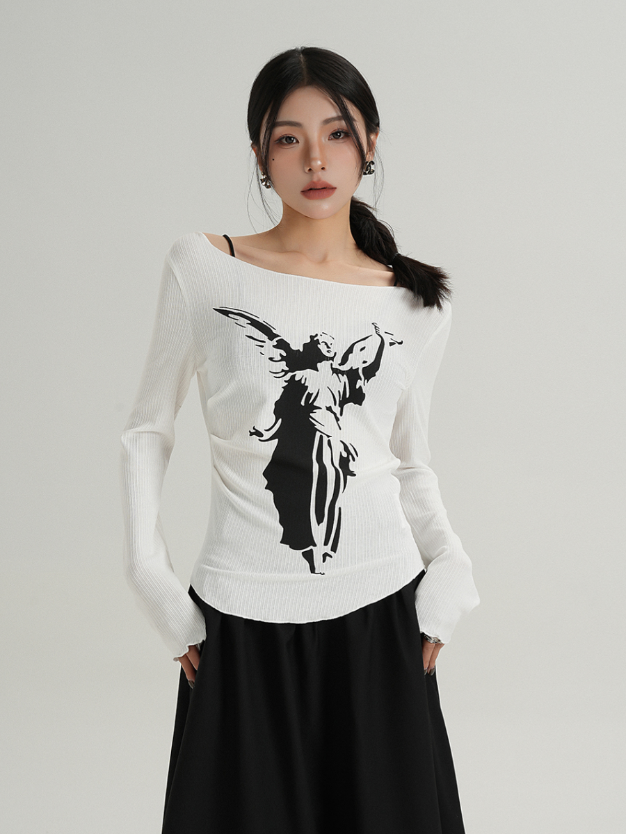 MEIKUL Strapless temperament one-line collar unique printed long-sleeved T-shirt women's inner bottoming shirt new tops