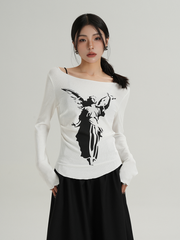 MEIKUL Strapless temperament one-line collar unique printed long-sleeved T-shirt women's inner bottoming shirt new tops