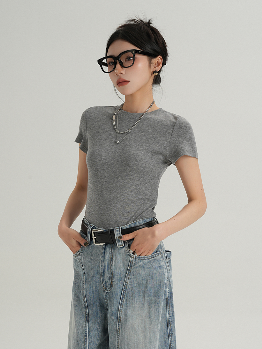 MEIKUL Temperament senior sense of comfort Tencel positive shoulder short-sleeved T-shirt female summer inner bottoming new tops