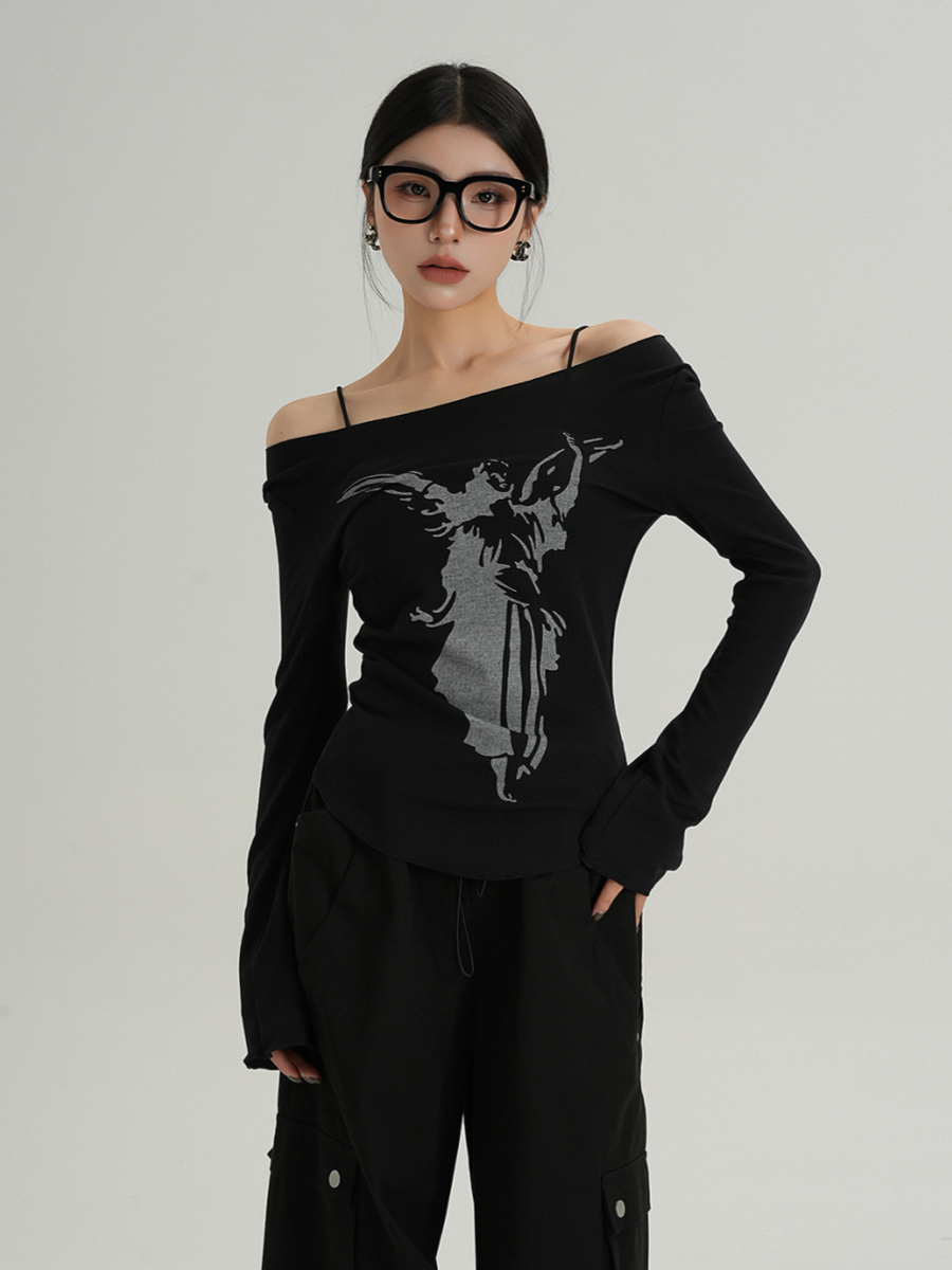 MEIKUL Strapless temperament one-line collar unique printed long-sleeved T-shirt women's inner bottoming shirt new tops