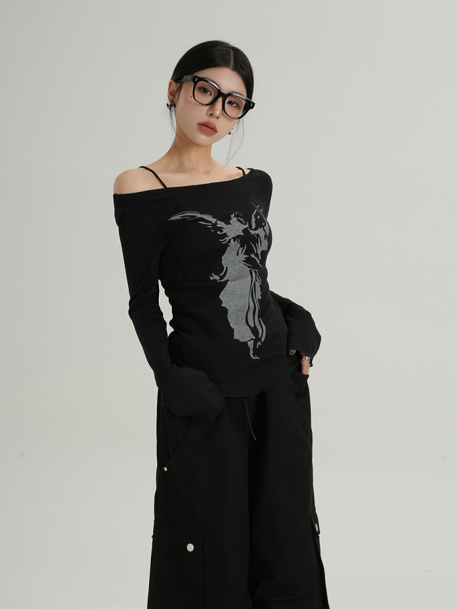 MEIKUL Strapless temperament one-line collar unique printed long-sleeved T-shirt women's inner bottoming shirt new tops