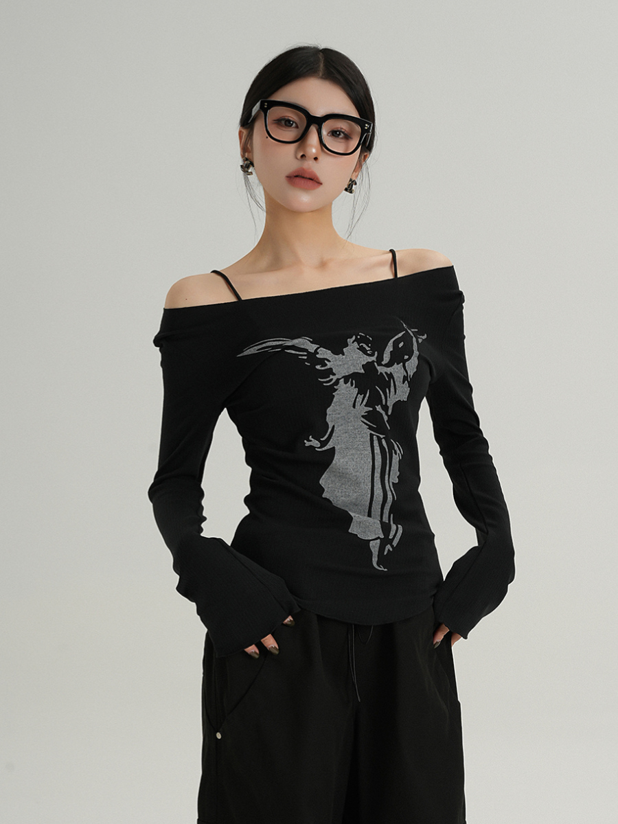 MEIKUL Strapless temperament one-line collar unique printed long-sleeved T-shirt women's inner bottoming shirt new tops